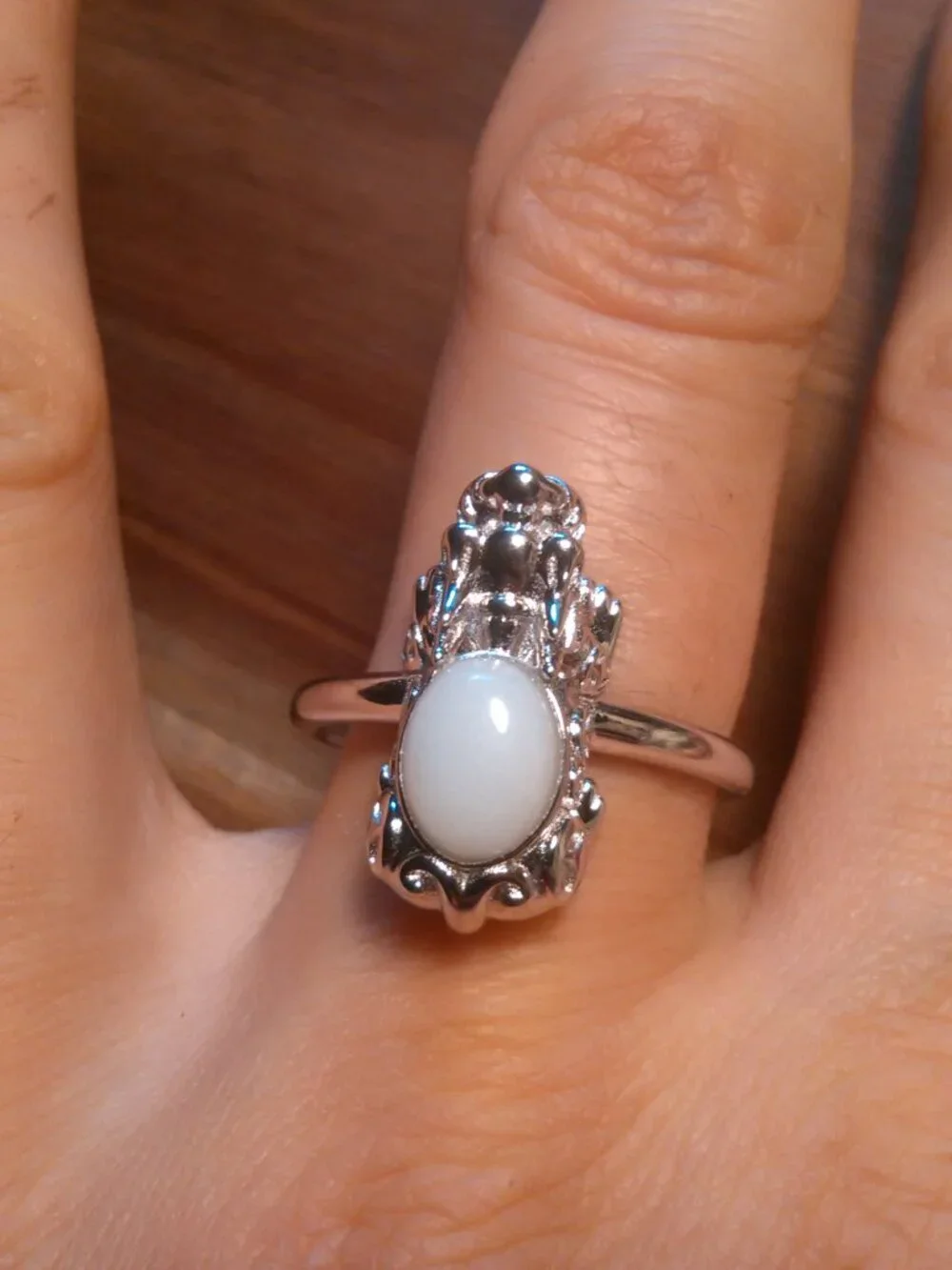 Natural White Jade Sterling Silver Dragon Ring (Size 10)
